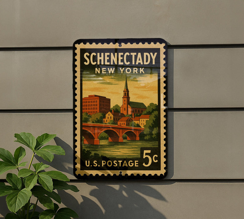 A vintage U.S. postage stamp depicting a scenic view of New York, with a bridge and buildings in the background.