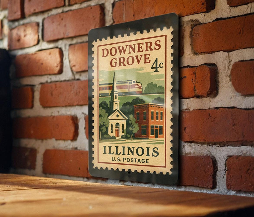 A vintage postage stamp from Illinois, featuring a church and buildings, is displayed on a brick wall.