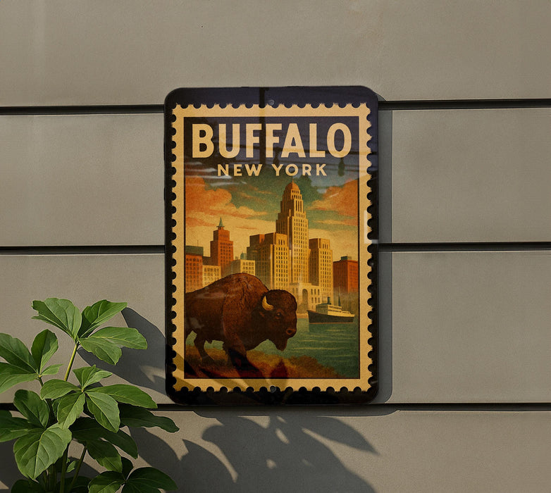 A vintage-style poster of Buffalo, New York, featuring a buffalo in the foreground and a cityscape in the background.