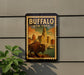 A vintage-style poster of Buffalo, New York, featuring a buffalo in the foreground and a cityscape in the background.