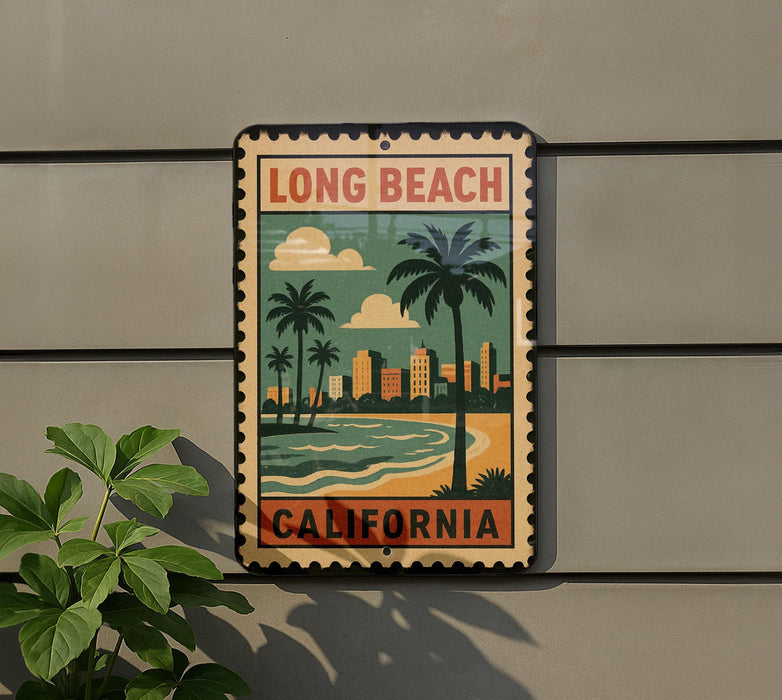 A vintage-style metal sign with a beach scene and palm trees, mounted on a wall, with a plant to the left.