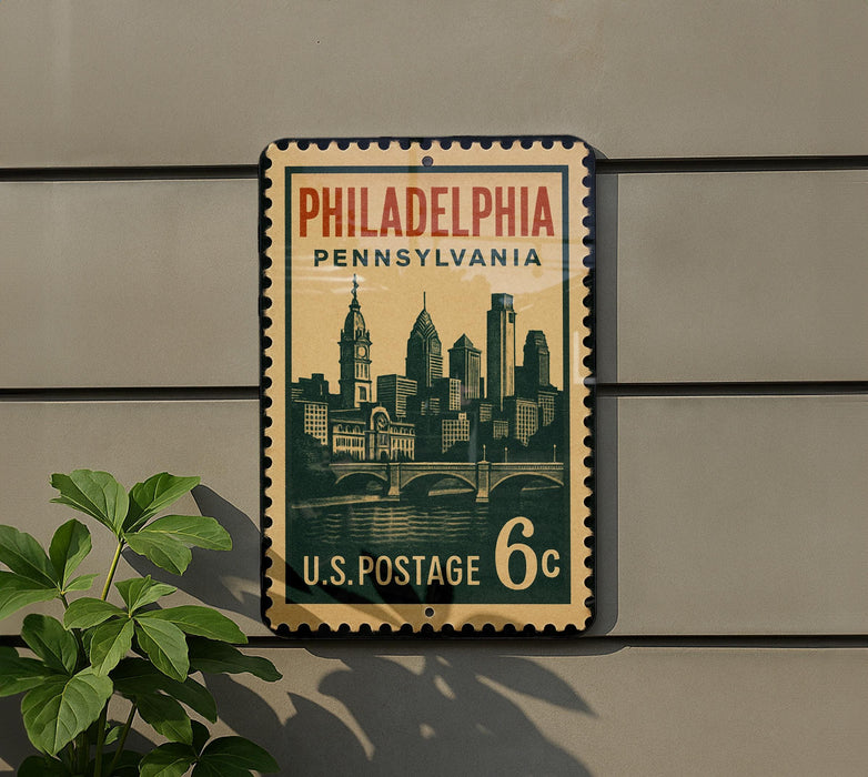 A vintage-style postage stamp from the United States, featuring the Philadelphia skyline and the text "PHILADELPHIA PENNSYLVANIA 6c U.S. POSTAGE".