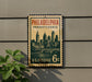 A vintage-style postage stamp from the United States, featuring the Philadelphia skyline and the text "PHILADELPHIA PENNSYLVANIA 6c U.S. POSTAGE".
