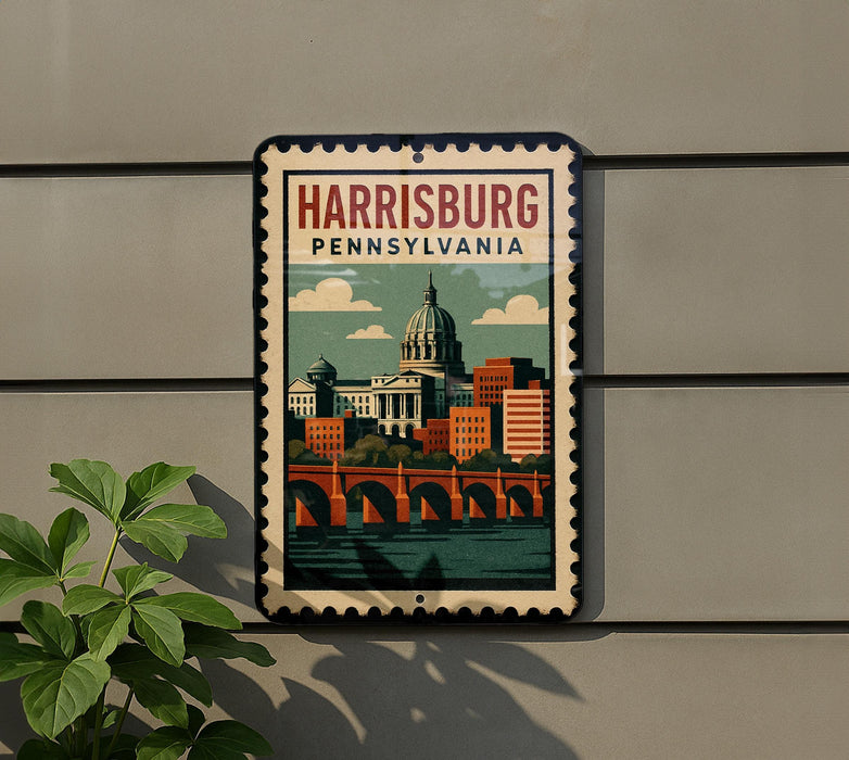 A framed poster of Harrisburg, Pennsylvania, featuring a cityscape with a bridge and dome, mounted on a wall.
