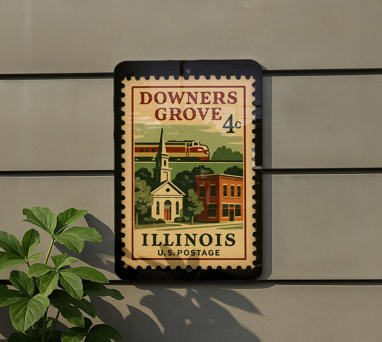 A vintage postage stamp from Illinois, featuring a church and buildings, is displayed on a wall.
