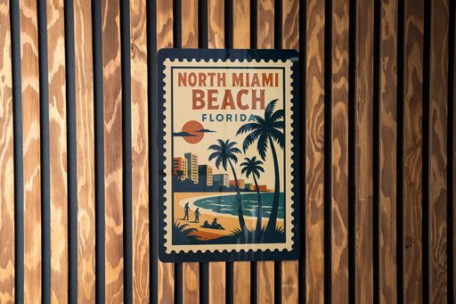 A vintage-style poster of North Miami Beach, Florida, featuring palm trees, a beach scene, and a cityscape.