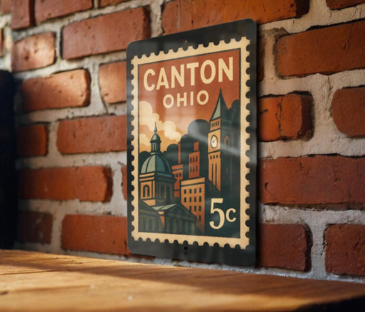 A vintage-style postage stamp from Canton, Ohio, featuring a cityscape and a clock tower, mounted on a brick wall.