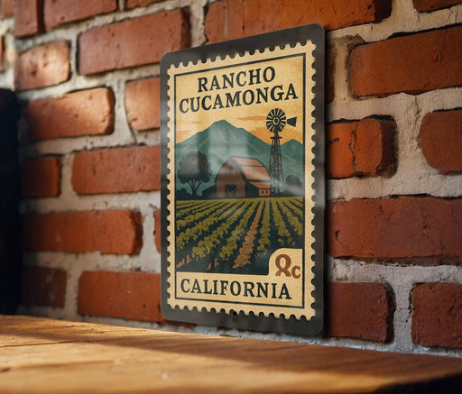 A metal sign with a vintage-style illustration of a rural landscape, including a windmill, barn, and fields, mounted on a brick wall.