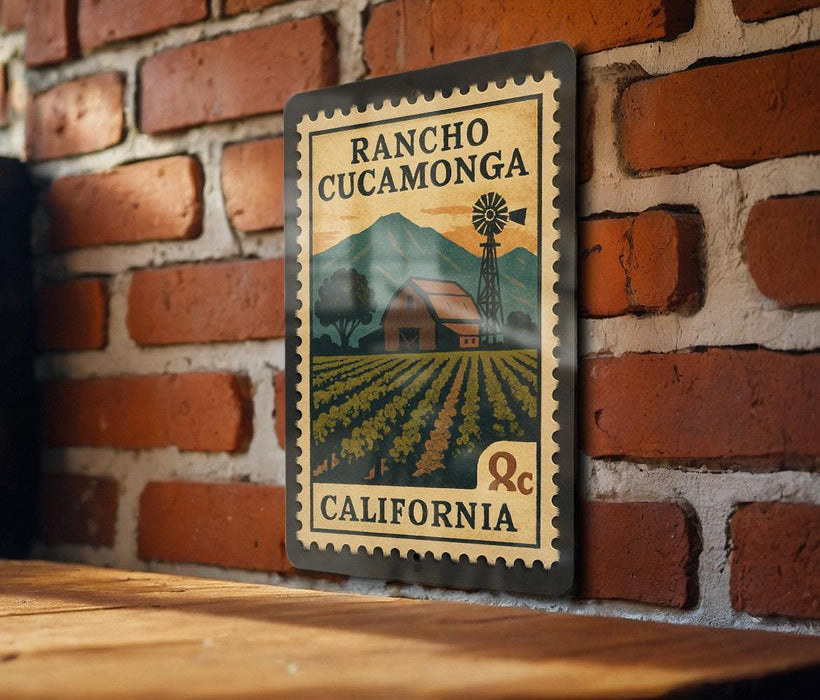 A metal sign with a vintage-style illustration of a rural landscape, including a windmill, barn, and fields, mounted on a brick wall.