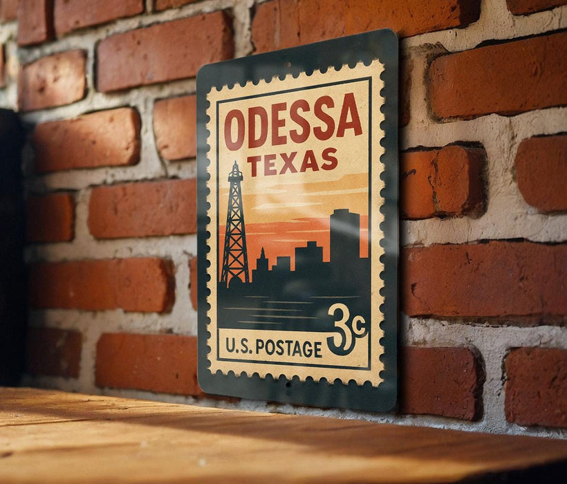 A vintage-style metal sign with the text "ODESSSA TEXAS" and "3c" printed on it, mounted on a brick wall.