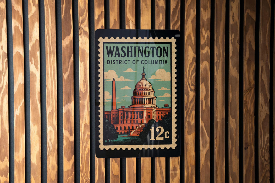 A vintage-style postage stamp from Washington, D.C., featuring the iconic United States Capitol building.