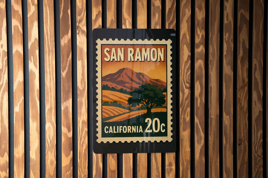 A framed vintage postage stamp from San Ramon, California, featuring a landscape with mountains and a tree.