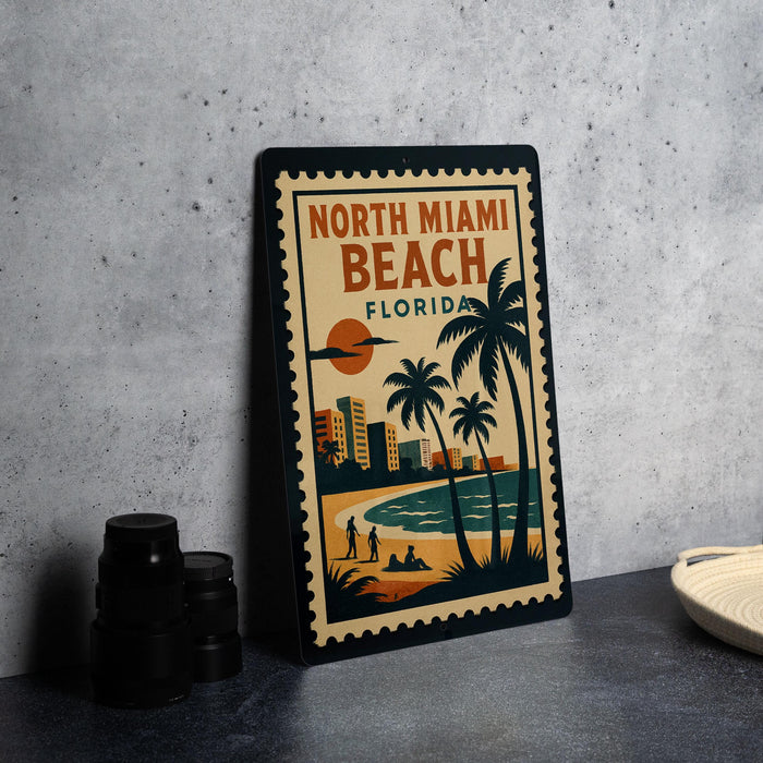 A vintage-style metal sign with the text "NORTH MIAMI BEACH FLORIDA" and a tropical beach scene with palm trees and a sunset.