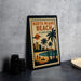 A vintage-style metal sign with the text "NORTH MIAMI BEACH FLORIDA" and a tropical beach scene with palm trees and a sunset.