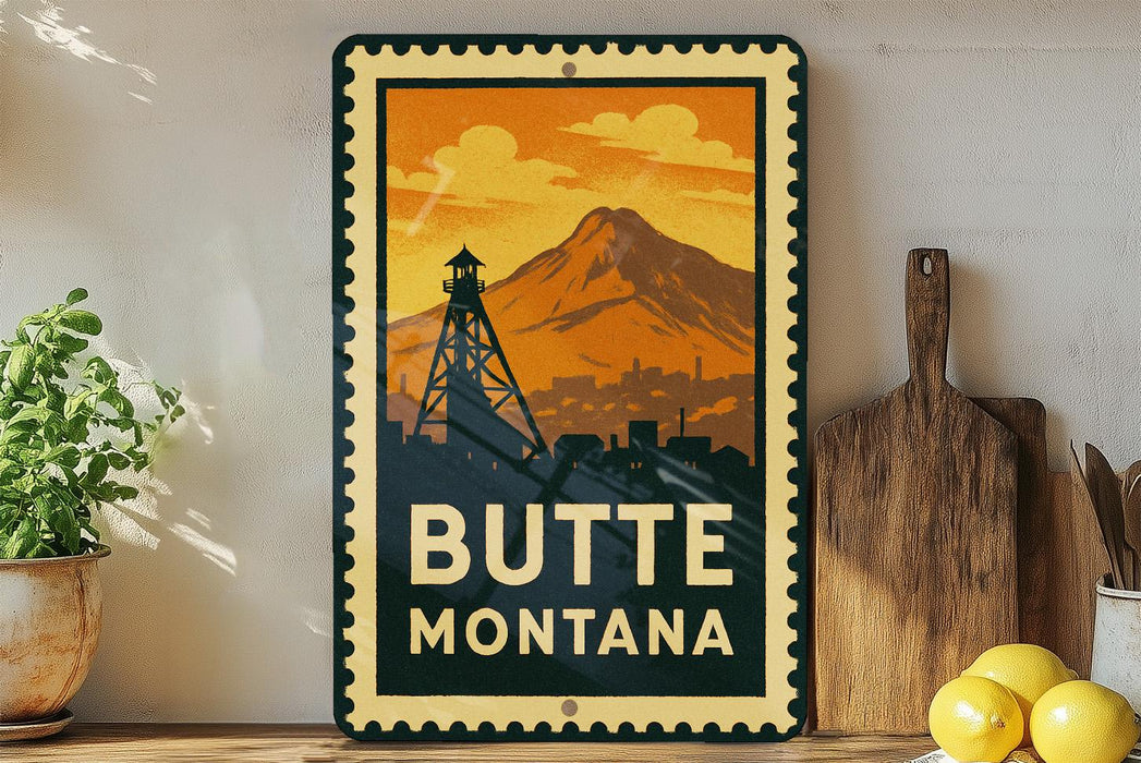 A vintage-style metal sign with a mountain and a tower in the background, along with the text "BUTTE MONTANA" displayed prominently.