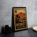 A framed stamp depicting a scenic landscape with palm trees and mountains, labeled "HEMET CALIFORNIA".