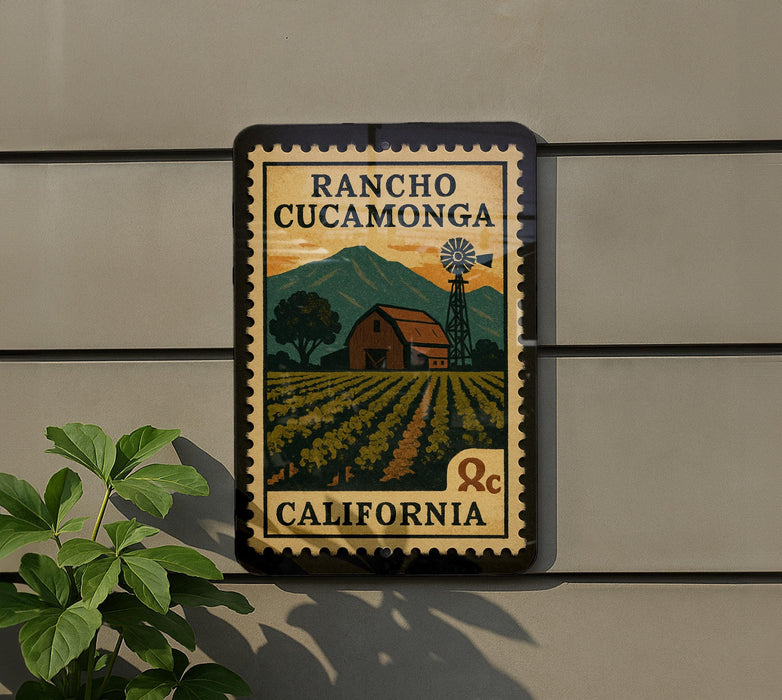 A sign for Rancho Cucamona, California, featuring a farm scene with a windmill and mountains in the background.