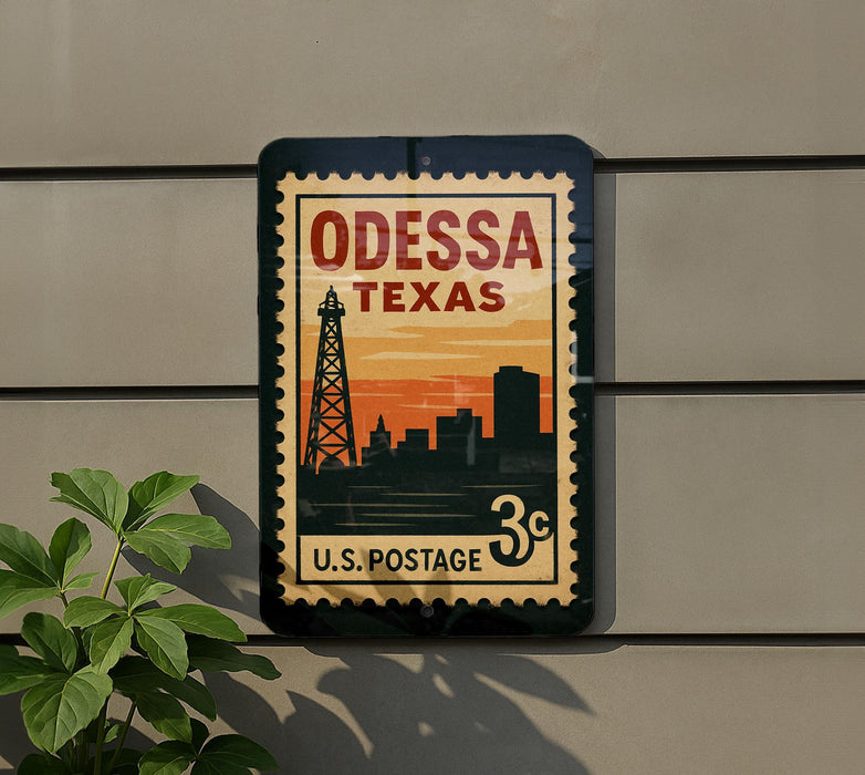 A vintage-style postage stamp from the United States, featuring the silhouette of a city skyline against an orange and yellow sunset.