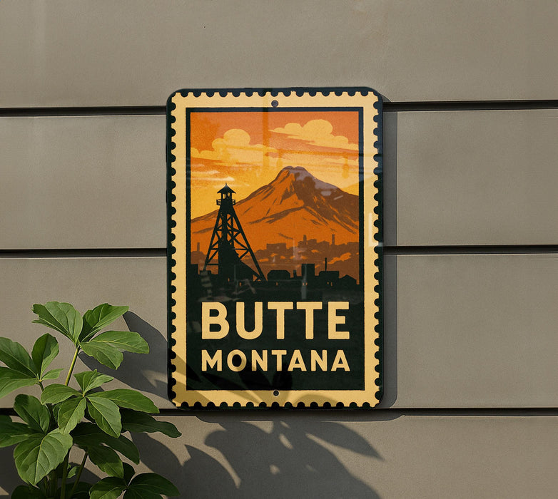 A vintage-style metal sign with a mountain and a tower in the background, mounted on a wall.