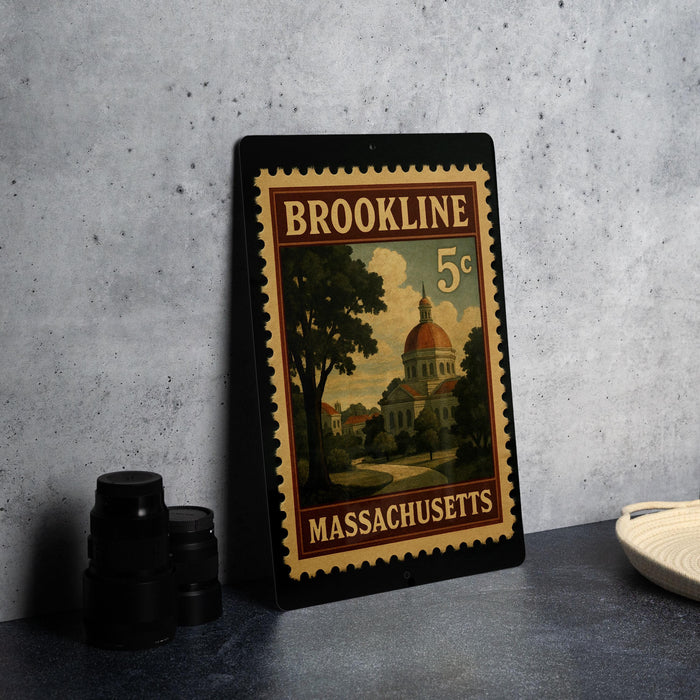 A framed vintage postage stamp from Massachusetts, featuring a building and trees, is displayed on a table.