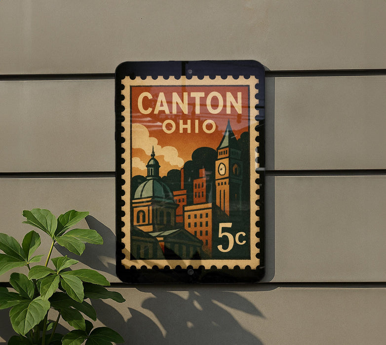 A postage stamp-style sign with the text "CANTON OHIO" and a depiction of a city skyline, mounted on a wall.