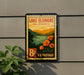 A vintage-style postage stamp depicting Lake Elsinore, California, with a scenic landscape and flowers.