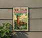 A vintage-style metal sign with a clock tower and a bridge, mounted on a wall.