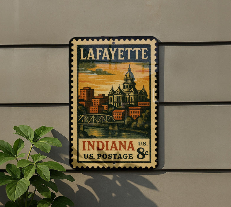 A vintage postage stamp from Lafayette, Indiana, featuring a cityscape and a bridge, is displayed on a wall.