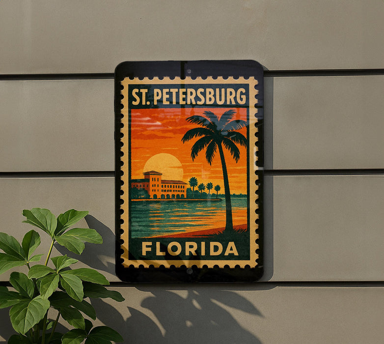 A vintage-style sign for St. Petersburg, Florida, featuring a palm tree and a sunset over a body of water.