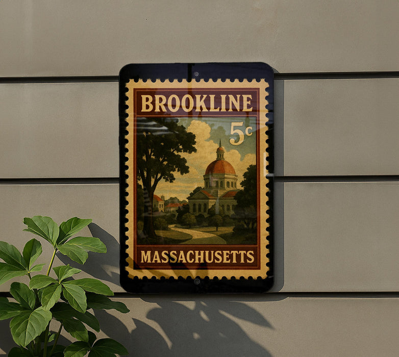 A vintage-style postage stamp from Massachusetts, featuring a building with a dome, is displayed on a wall.
