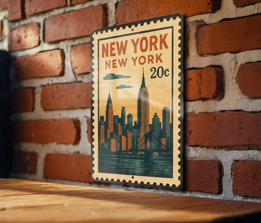 A vintage-style metal sign with a cityscape illustration and the text "NEW YORK NEW YORK 20c" is displayed on a brick wall.