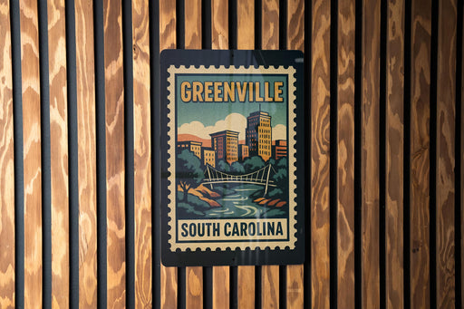A vintage-style poster of Greenville, South Carolina, featuring a bridge and cityscape, is displayed on a wooden wall.