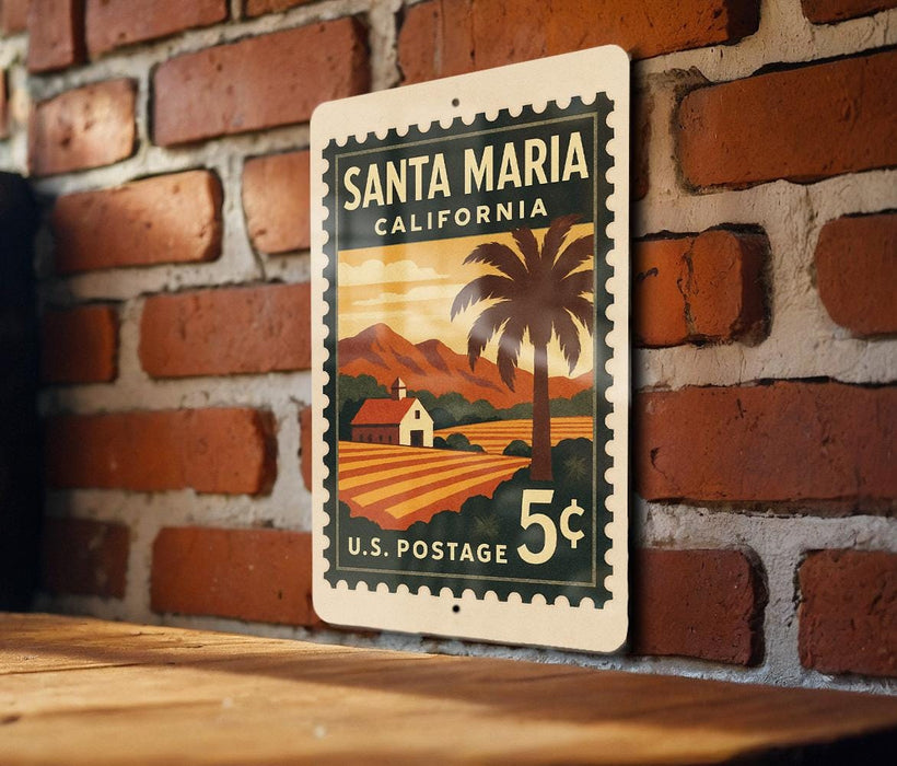 A vintage postage stamp from Santa Maria, California, featuring a palm tree and a rural landscape.