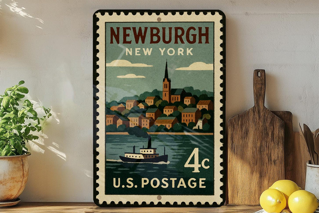 A vintage postage stamp depicting the town of Newburgh, New York, with a steamboat in the water.