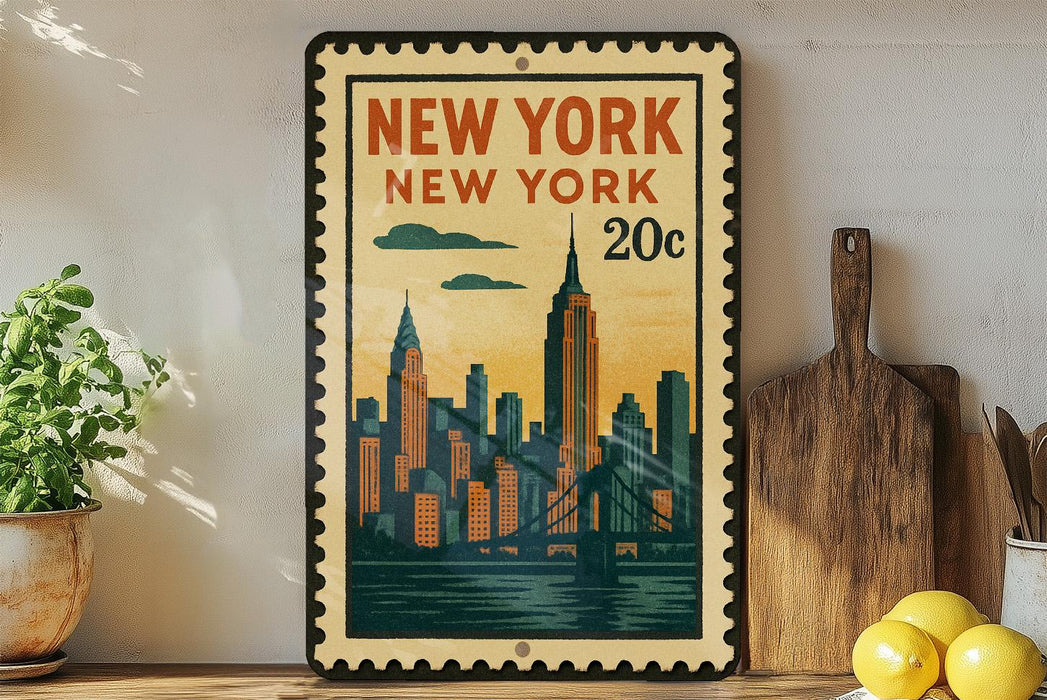 A framed vintage-style stamp depicting the New York City skyline, with the text "NEW YORK NEW YORK 20c" prominently displayed.