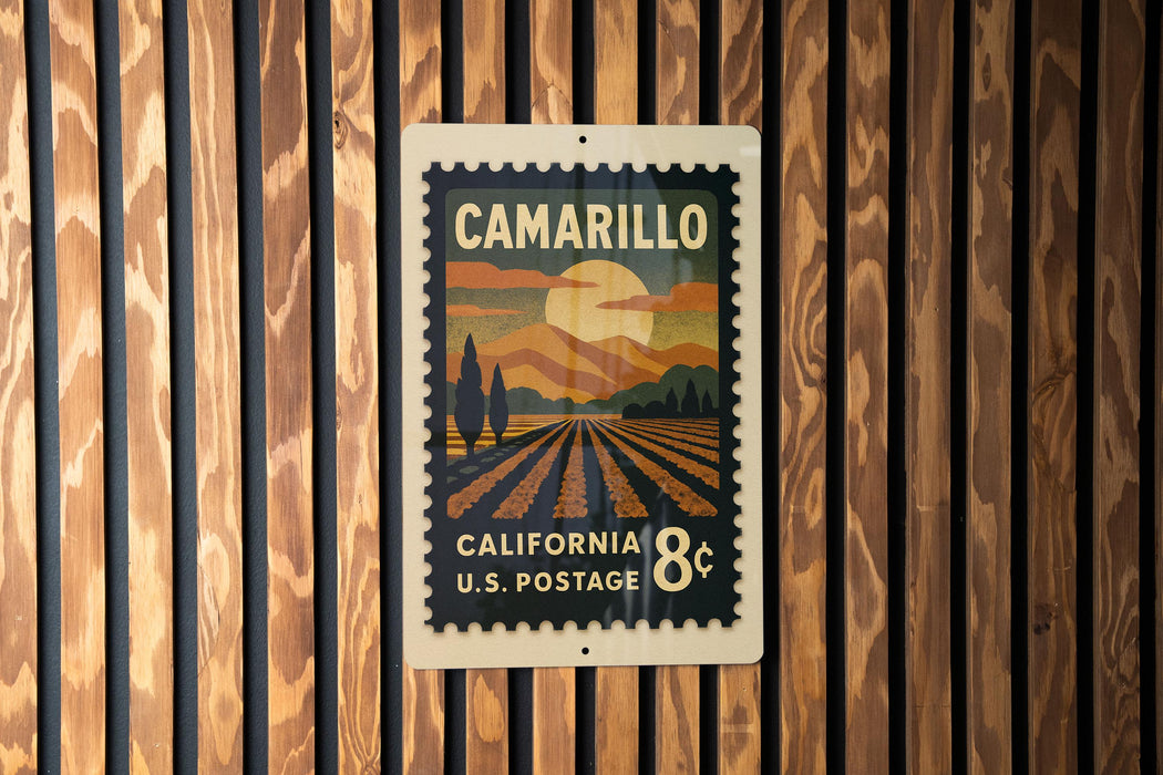 A postage stamp from California, featuring a scenic landscape with a sunset over a field.