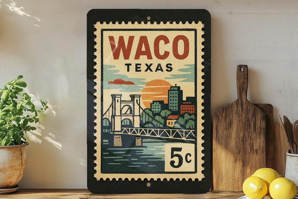 A framed vintage-style stamp depicting a bridge and cityscape in Waco, Texas, with the text "Waco, Texas" and "5c" printed on it.