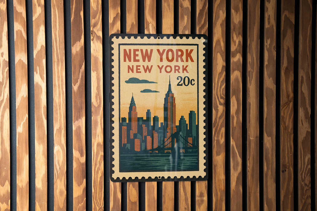 A vintage-style postage stamp depicting the New York City skyline, with the text "NEW YORK NEW YORK 20c" prominently displayed.