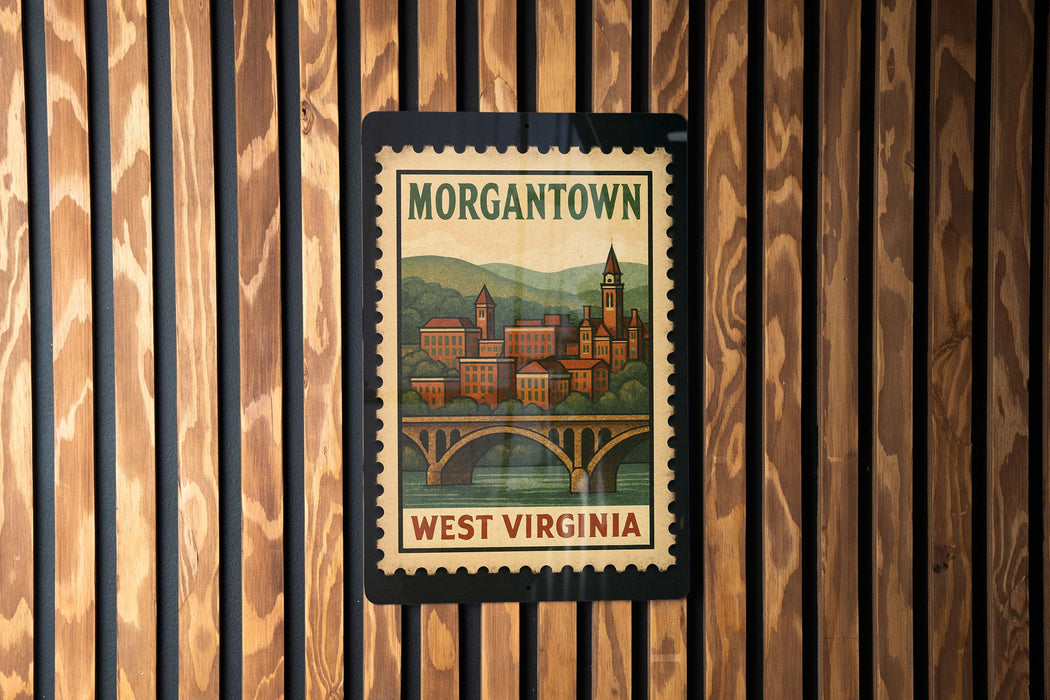 A vintage-style postage stamp depicting the town of Morgantown, West Virginia, with a bridge and buildings in the background.