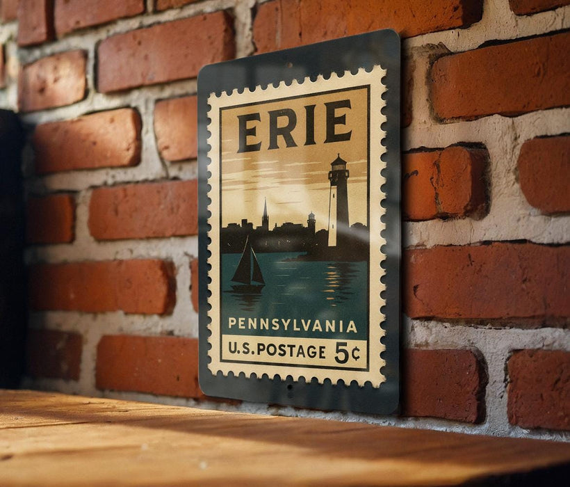 A vintage-style postage stamp from the United States, featuring a lighthouse and a city skyline, is displayed on a brick wall.