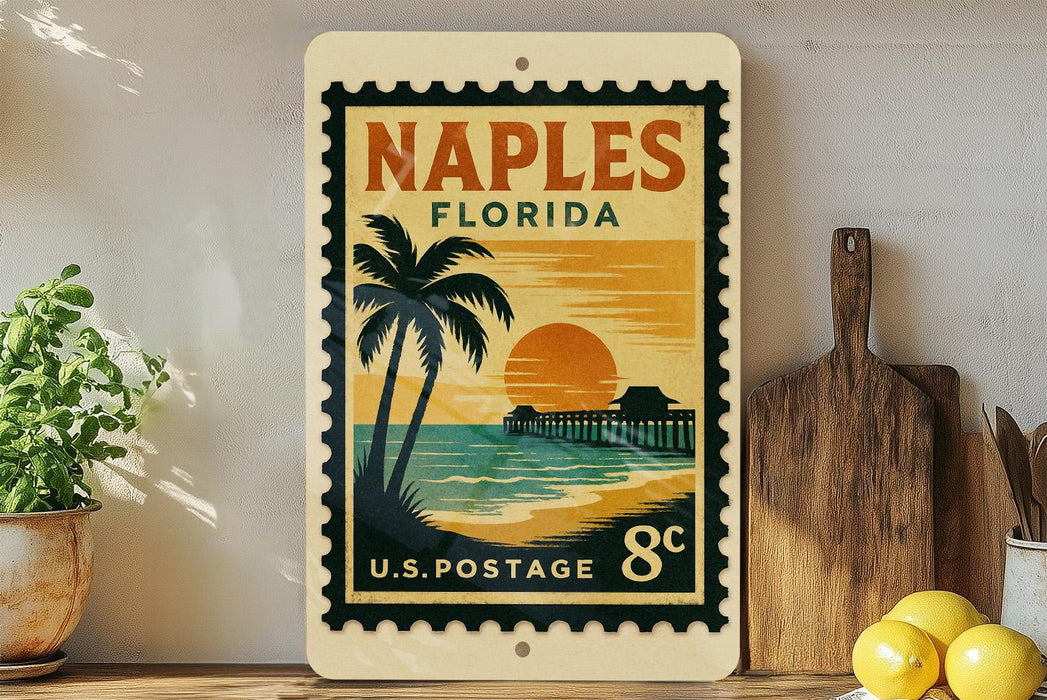 A vintage-style postage stamp from Florida, featuring a palm tree and a sunset over the ocean, is displayed on a shelf next to a wooden cutting board and some lemons.
