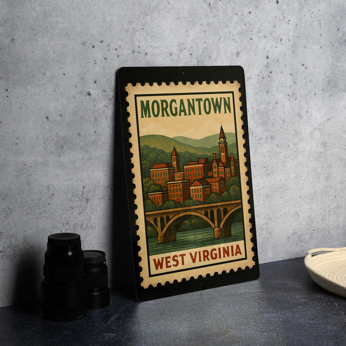 A framed poster of a town, likely Morgantown, West Virginia, with a bridge and buildings depicted.