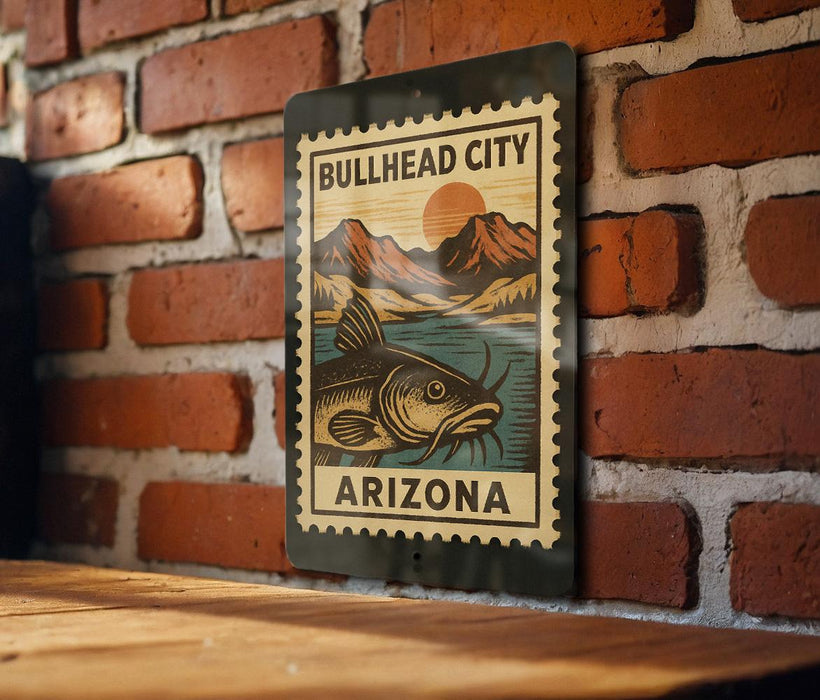 A metal sign with a vintage-style illustration of a fish and the text "Bullhead City Arizona" is displayed on a brick wall.