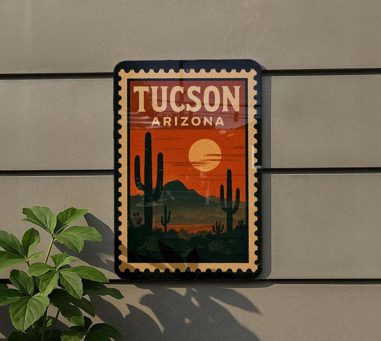 A framed poster of a desert landscape with a cactus and a sunset in the background, mounted on a wall.