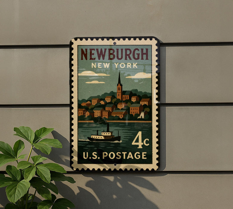 A vintage Newburgh, New York postage stamp is displayed on a wall, featuring a boat and a town scene.