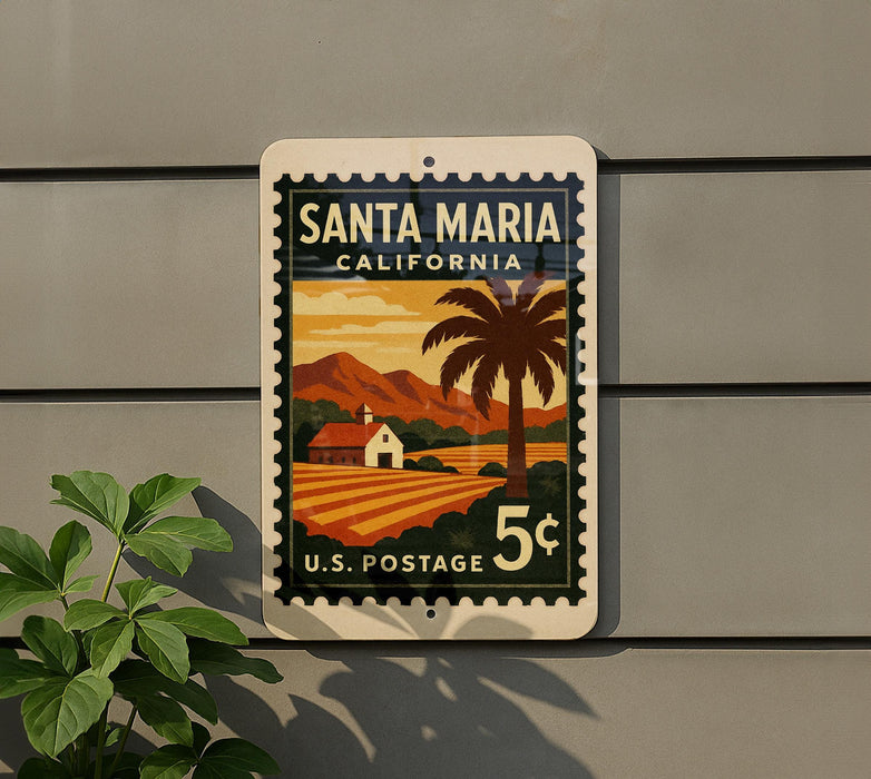 A vintage-style postage stamp from Santa Maria, California, featuring a palm tree and a rural landscape.