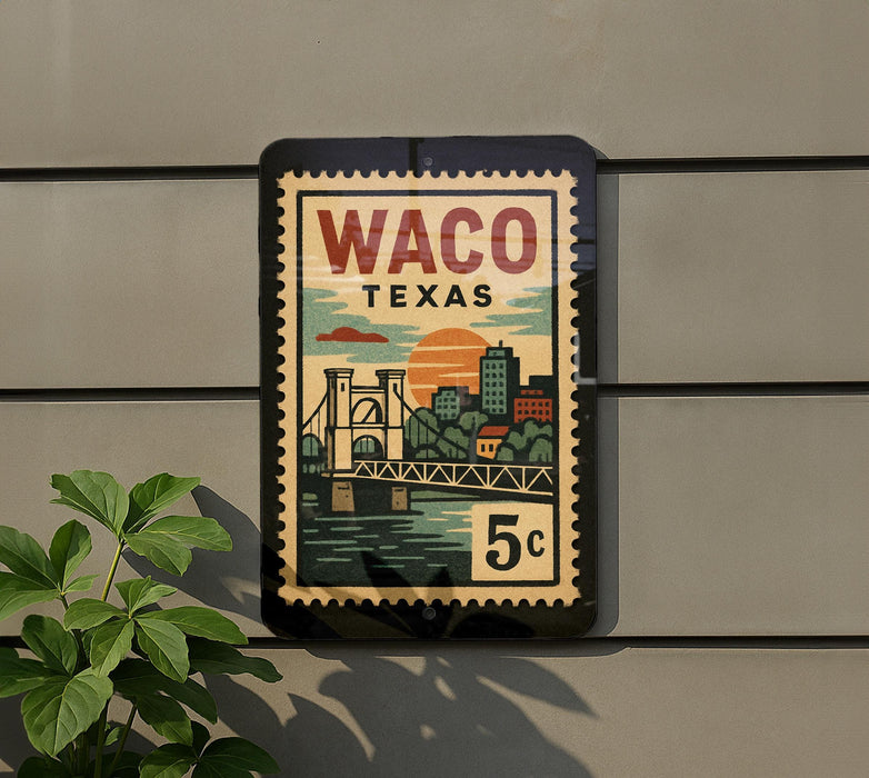 A vintage-style postage stamp from Waco, Texas, featuring a bridge and a sunset, mounted on a wall.