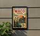 A vintage-style postage stamp from Waco, Texas, featuring a bridge and a sunset, mounted on a wall.