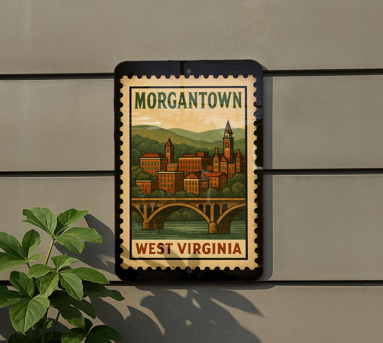 A vintage-style sign for Morgantown, West Virginia, featuring a cityscape with a bridge and mountains in the background.