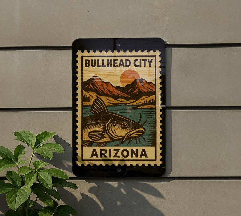 a sign for Bullhead City, Arizona, with a fish illustration and a mountain landscape.